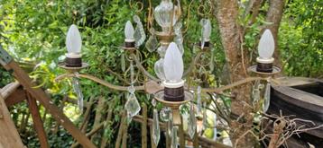 5 armige Bronzen kroonluchter met glazen pegels.(brocante) beschikbaar voor biedingen
