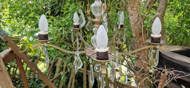 5 armige Bronzen kroonluchter met glazen pegels.(brocante), Huis en Inrichting, Lampen | Kroonluchters, Gebruikt, Glas, Overige materialen