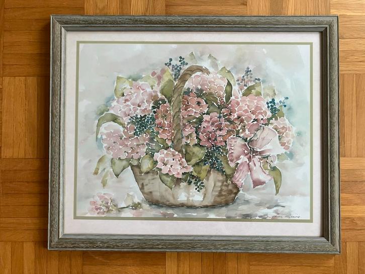 Aquarel Schilderij Trudy Huysman - Bloemen in Mand, Antiek en Kunst, Kunst | Overige Kunst, Ophalen of Verzenden