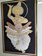 Groot schilderij, handmade stof met zilverdraad, Verzenden