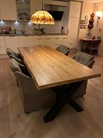 ZGAN eikenhouten eettafel met zwart stalen X-poot, 200 cm of meer, Zo goed als nieuw, Vijf personen of meer, Rechthoekig