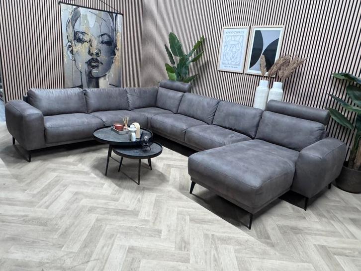 ZGAN Home Center U-Bank Microleer - Grijs - 355cm, Huis en Inrichting, Banken | Bankstellen, Zo goed als nieuw, Hoekbank, Vierpersoons of meer