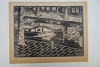 linosnede Amsterdamse gracht met boot, monogram LS, jaren 30, Antiek en Kunst, Verzenden