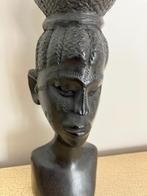 Afrikaans Beeldje - Vrouwenhoofd met draagmand - Zwart hout, Antiek en Kunst, Curiosa en Brocante, Ophalen of Verzenden