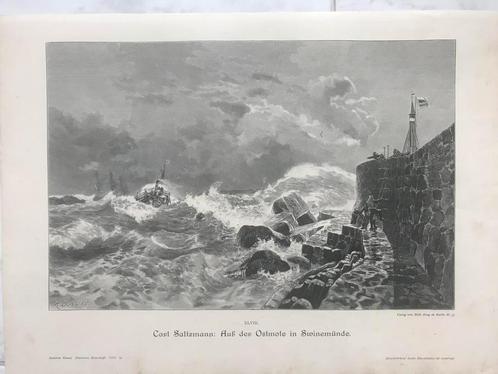 Carl Saltzmann: Auf der Ostmole in Swinemünde, 1895, 32x21cm, Antiek en Kunst, Kunst | Etsen en Gravures, Ophalen of Verzenden