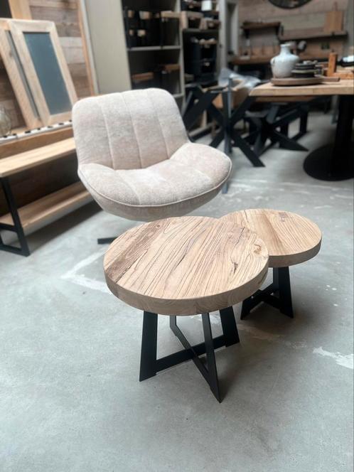 Salontafelset elmwood stripstaal, Huis en Inrichting, Tafels | Salontafels, Ophalen