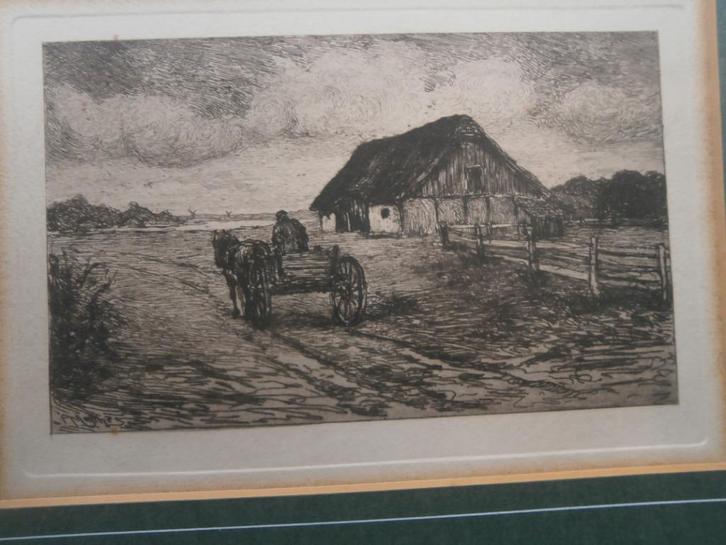 Oscar Paul Matthes, (P.Scheen), Ets Landschap met kar/paard, Antiek en Kunst, Kunst | Etsen en Gravures, Ophalen