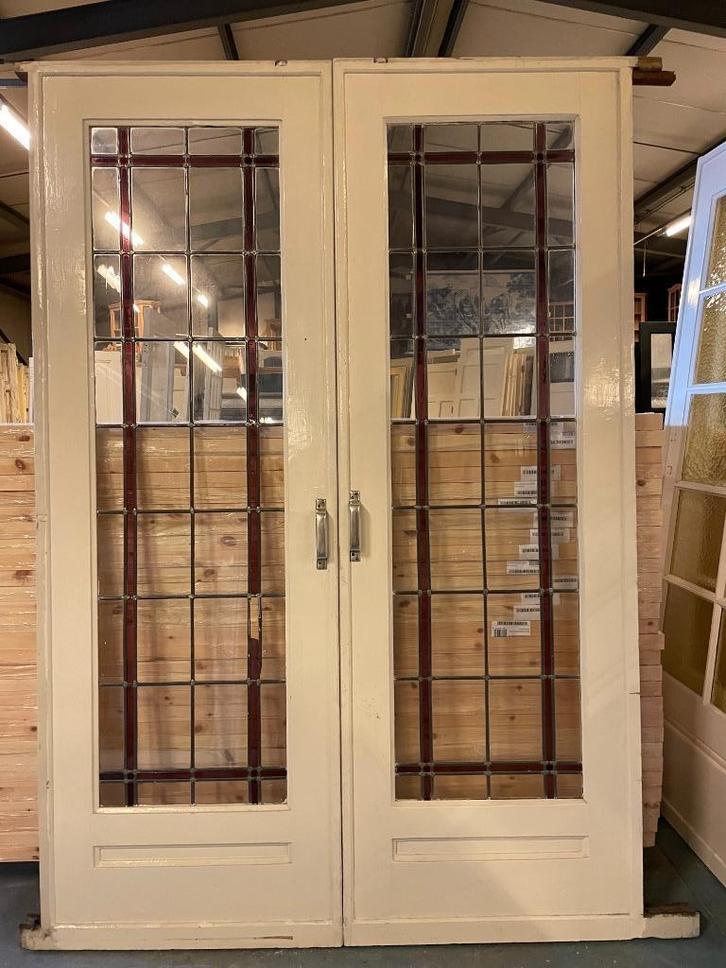 Set schuif / en-suite deuren met glas in lood 214x145cm., Antiek en Kunst, Curiosa en Brocante, Ophalen