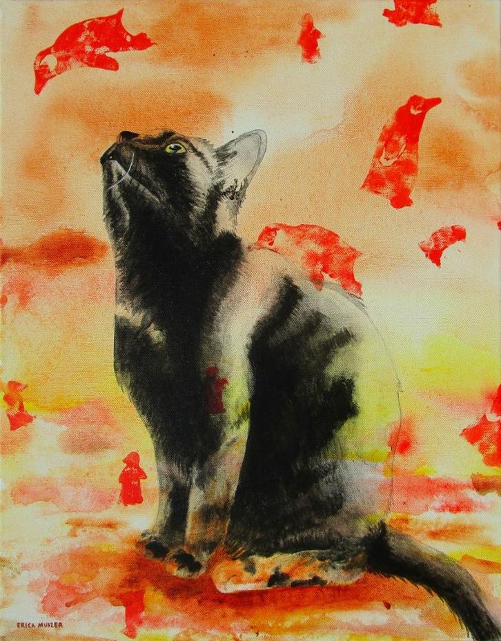 Schilderij van een leuke zwarte kat, Antiek en Kunst, Kunst | Schilderijen | Modern, Ophalen of Verzenden