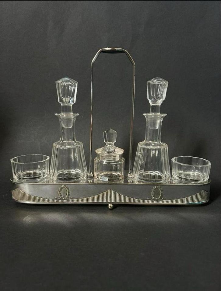 Verzilverd Engels Kristal Azijn & Oliestel, Antiek en Kunst, Antiek | Glas en Kristal, Ophalen of Verzenden
