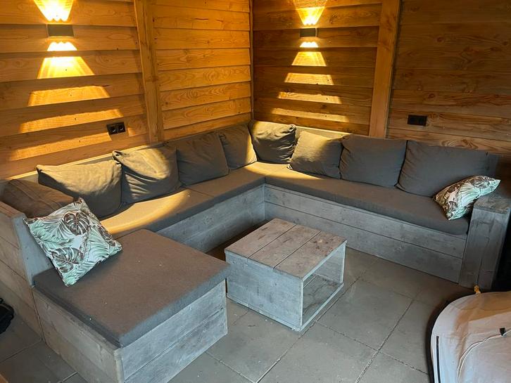 Steigerhouten Loungebank met Maatwerk Kussens, Tuin en Terras, Tuinsets en Loungesets, Gebruikt, Loungeset, Steigerhout, Meer dan 8 zitplaatsen