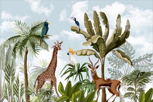 Jungledieren VINYL behang Kaketoe, Giraffe, Muurdeco4kids, Huis en Inrichting, Stoffering | Behang, Paars, minder dan 10 m², Verzenden