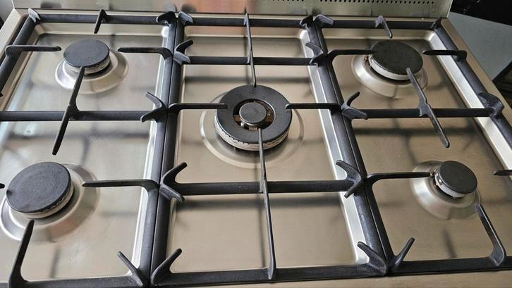 La Germania 90cm rvs 5 pits gasfornuis + afzuigkap Candy, Witgoed en Apparatuur, Fornuizen, Zo goed als nieuw, Vrijstaand, Gas