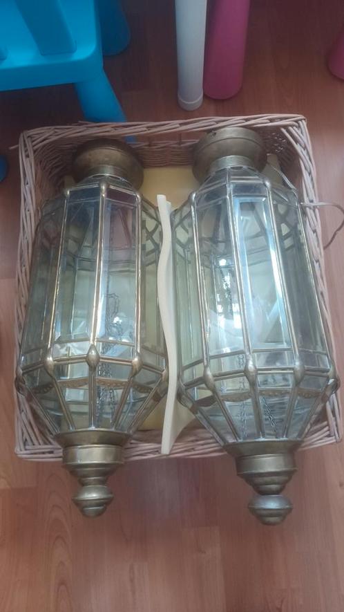 Vintage Venetië geslepen glas 2 koperen hanglampen antiek, Huis en Inrichting, Lampen | Hanglampen, Minder dan 50 cm, Glas, Ophalen