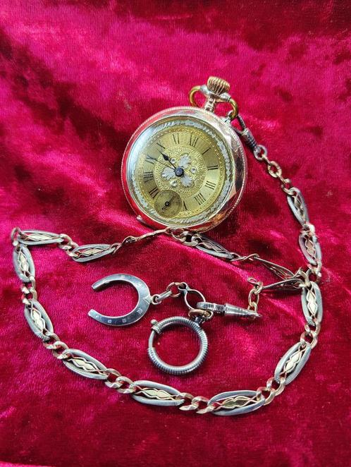 E.P. - GALONNE zilveren zakhorloge, double ketting - PAARDEN, Antiek en Kunst, Antiek | Goud en Zilver, Zilver, Verzenden