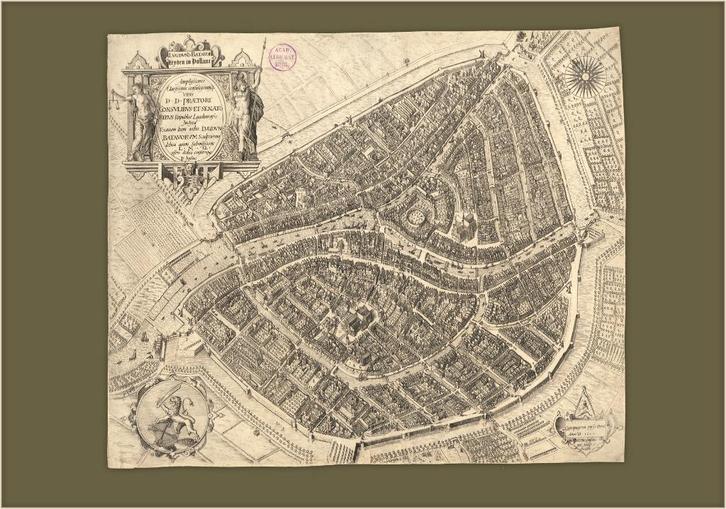Grote landkaart plattegrond van Leiden uit de 16e eeuw, Boeken, Atlassen en Landkaarten, Zo goed als nieuw, Landkaart, Wereld