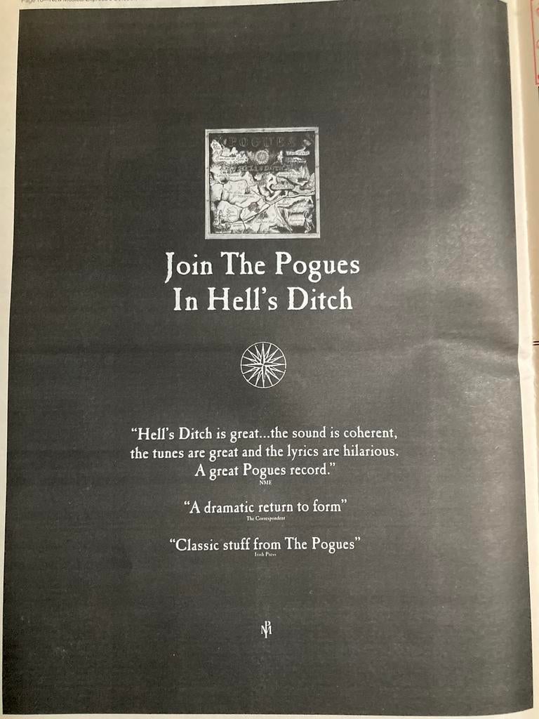Paginagrote A3 advertentie THE POGUES Hell’s Ditch release, Ophalen of Verzenden