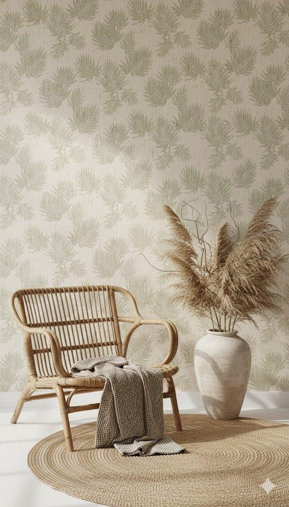   6770 beige met palmtakjes in groen vintage behang, Swiet, Ophalen of Verzenden, Minder dan 10 m², Beige