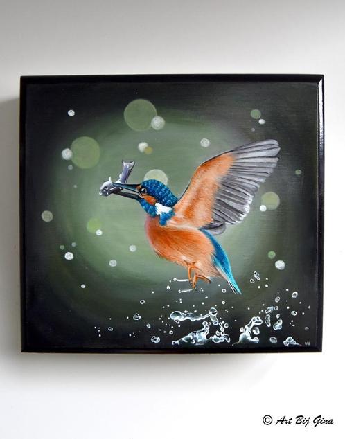 IJsvogel in actie, hand geschilderd op een mooie houten kist, Antiek en Kunst, Kunst | Overige Kunst, Ophalen of Verzenden
