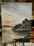 Oud charmant schilderijtje met bootje bergen en meeuwen, Ophalen of Verzenden