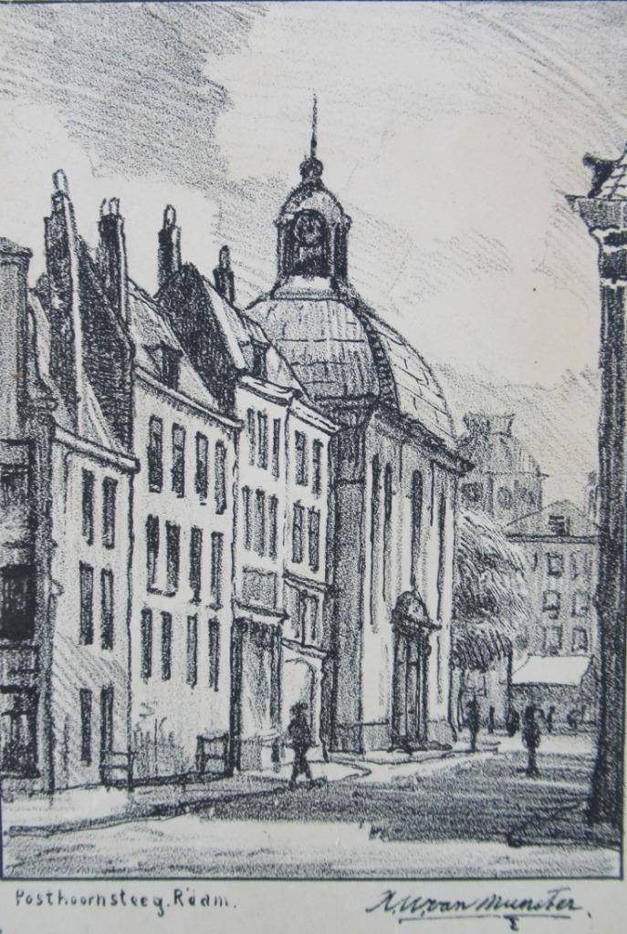 A.W. van Munster: Posthoornsteeg met Lutherse kerk, R'dam, Antiek en Kunst, Kunst | Tekeningen en Foto's, Ophalen of Verzenden
