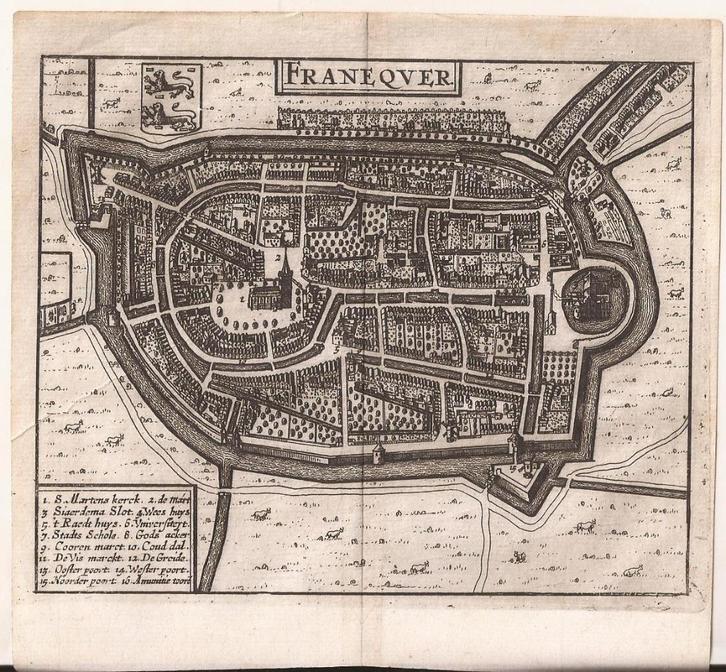 Franeker. Franequer Plattegrond v.de stad Guicciardini 1660, Antiek en Kunst, Kunst | Etsen en Gravures, Ophalen of Verzenden