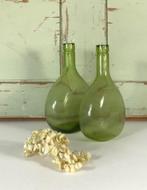 Set Franse groene glazen platte mandflessen (zonder mand), Antiek en Kunst, Ophalen of Verzenden