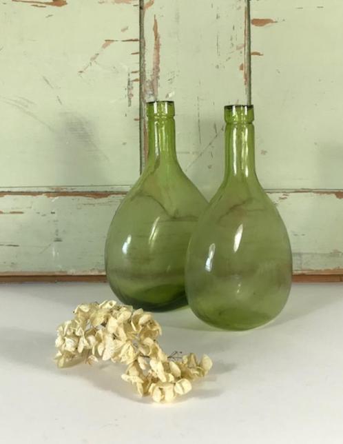Set Franse groene glazen platte mandflessen (zonder mand), Antiek en Kunst, Antiek | Glas en Kristal, Ophalen of Verzenden