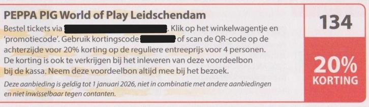 PEPPA PIG World of Play Leidschendam. 20% korting. Bon 134., Tickets en Kaartjes, Recreatie | Pretparken en Attractieparken, Drie personen of meer
