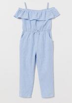 H&M zomerse off shoulder jumpsuit, lichtblauw/ wit mt 110, Broek, Meisje, H&M, Ophalen of Verzenden