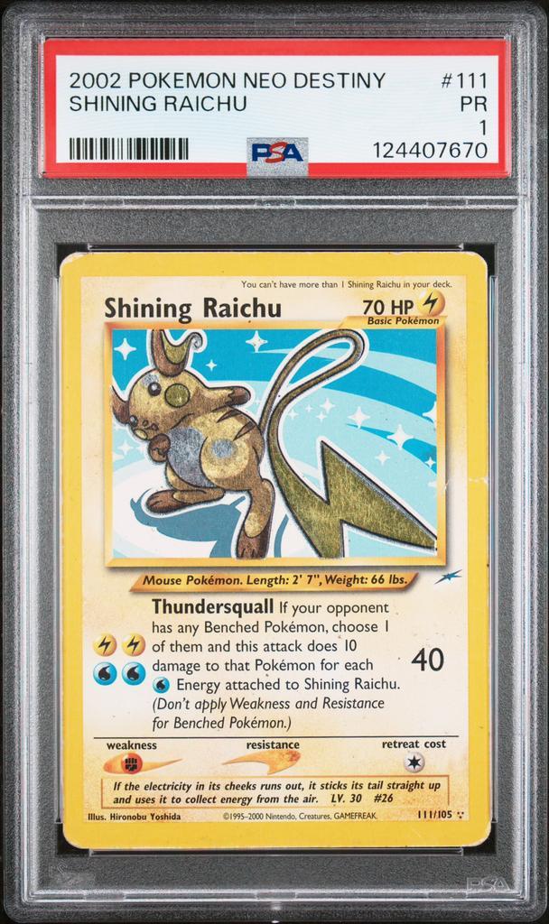 Shining Raichu PSA 1 - Ook te ruil, Hobby en Vrije tijd, Verzamelkaartspellen | Pokémon, Zo goed als nieuw, Losse kaart, Foil