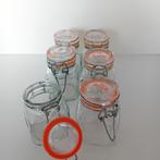 Zes glazen (kruiden)potjes, Huis en Inrichting, Keuken | Potten en Pannen, Ophalen of Verzenden, Glas, Pot, Bus of Blik