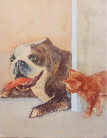 Vintage schilderij bulldog rode kitten jaren 70 ongesigneerd beschikbaar voor biedingen