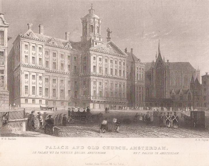 Palace and old church, Amsterdam staalgravure ca. 1840, Antiek en Kunst, Kunst | Etsen en Gravures, Ophalen of Verzenden