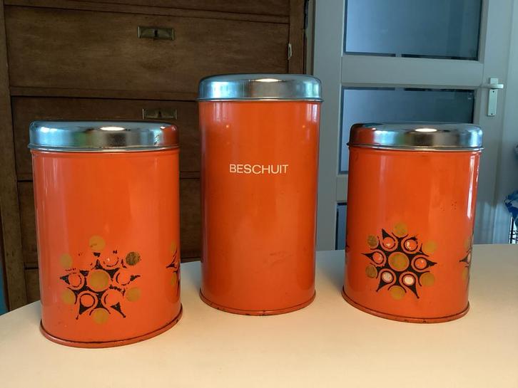 Retro Oranje Voorraadblikken Set, Huis en Inrichting, Keuken | Keukenbenodigdheden, Gebruikt, Ophalen of Verzenden