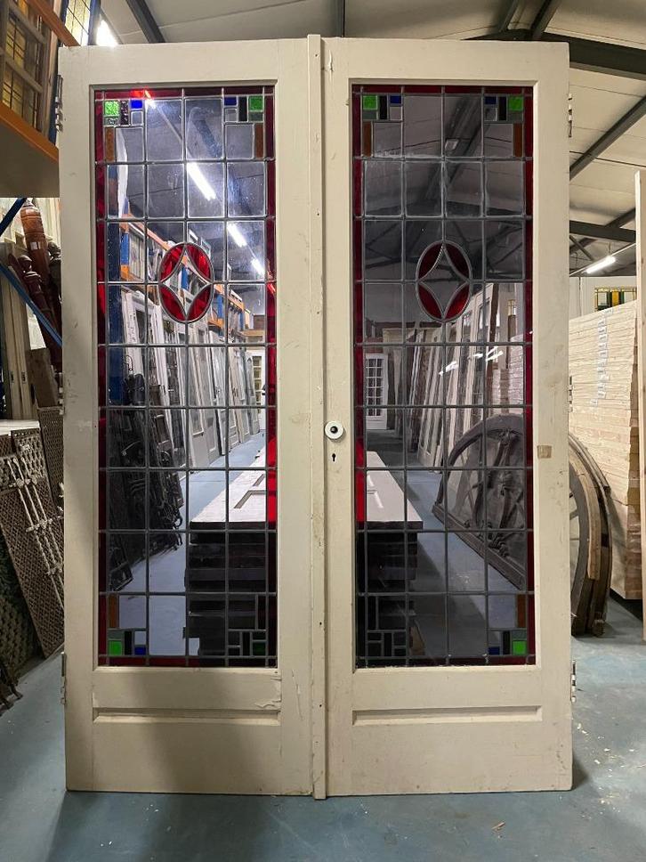 Set openslaande deuren met glas in lood 211x145cm., Antiek en Kunst, Curiosa en Brocante, Ophalen