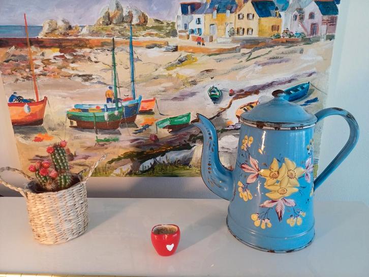 Blauw Frans Koffiepotje met Bloemen, Antiek en Kunst, Antiek | Emaille, Ophalen of Verzenden