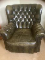 Originele Engelse chesterfield fauteuil olijf groen leer, Leer, Ophalen of Verzenden