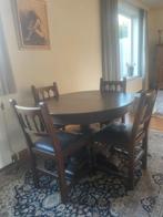 Donker eiken houten tafel rond (uitschuifbaar) met 4 stoelen, Ophalen, Gebruikt, Antiek donker eiken, 4 tot 6 stoelen
