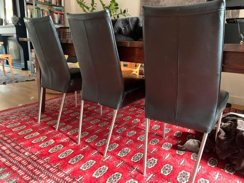 6 Bert Plantagie zwarte leren eetkamerstoelen, Huis en Inrichting, Stoelen, Gebruikt, Vijf, Zes of meer stoelen, Leer, Zwart, Ophalen