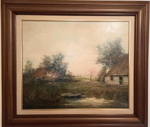 Olieverf schilderij op doek met landschap en bootje Ernens, Antiek en Kunst, Kunst | Schilderijen | Klassiek, Ophalen