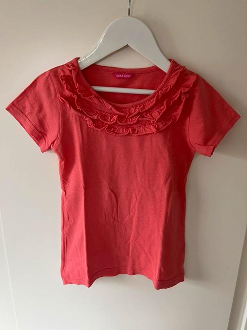 HEMA koraal kleurig shirt met roezeltjes maat 122/128, Kinderen en Baby's, Kinderkleding | Maat 122, Zo goed als nieuw, Meisje