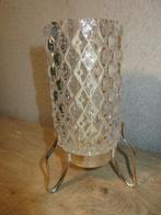 Vintage glazen kandelaar op metalen voet, Ophalen of Verzenden, Gebruikt, Overige materialen, Minder dan 25 cm