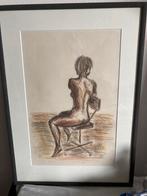 Pastel zittend naakt op burostoel gesigneerd., Antiek en Kunst, Kunst | Schilderijen | Modern, Ophalen of Verzenden