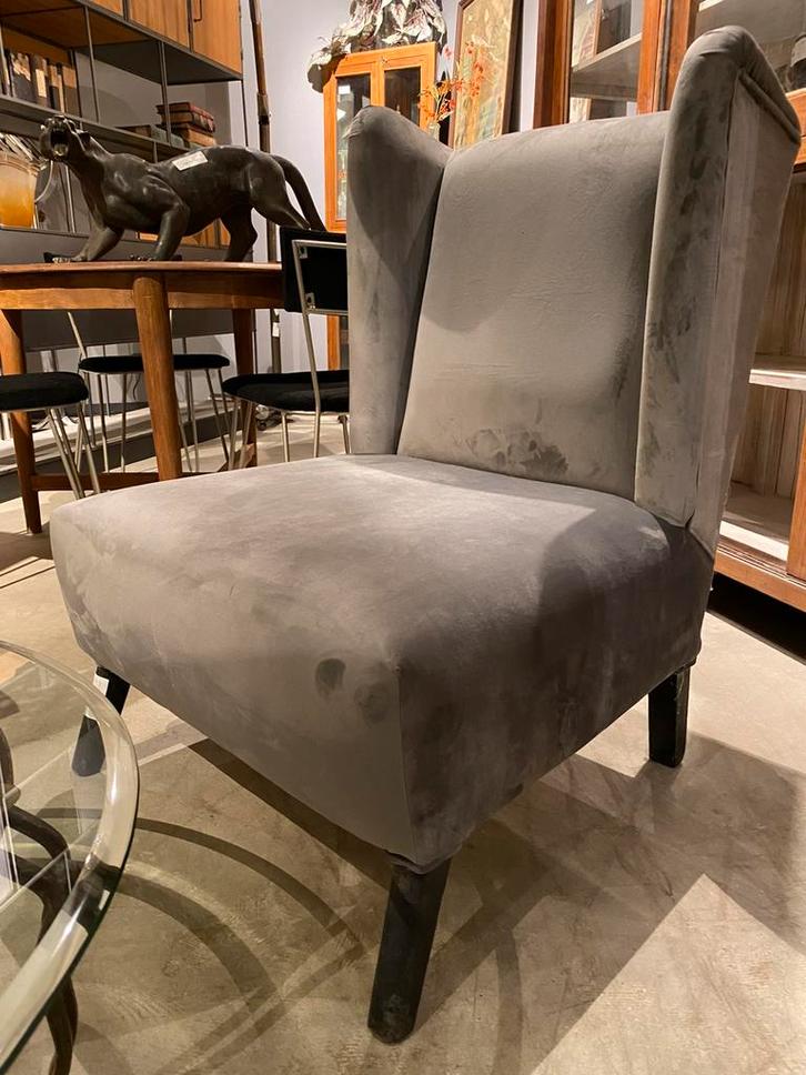 Vintage grijze fauteuils, bekleed met velours, Huis en Inrichting, Fauteuils, Zo goed als nieuw, Stof, 50 tot 75 cm, 75 tot 100 cm