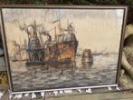 Gr Vetstift Schilderij "In de Rotterdamse Haven" Gesigneerd, Antiek en Kunst, Ophalen of Verzenden