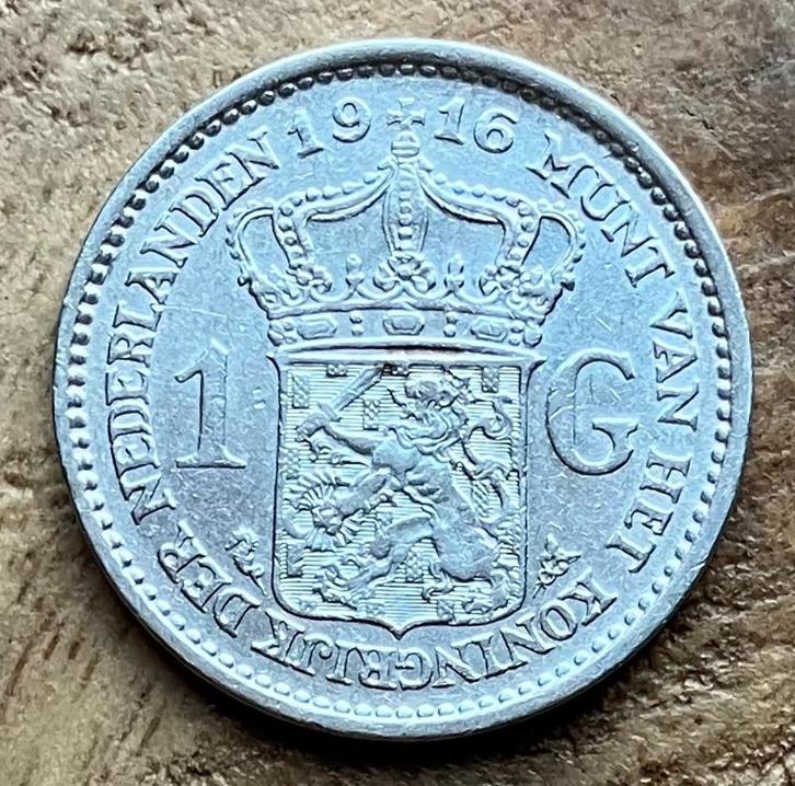 1 gulden 1916 Wilhelmina (1), Postzegels en Munten, Munten | Nederland, Losse munt, 1 gulden, Koningin Wilhelmina, Zilver, Ophalen