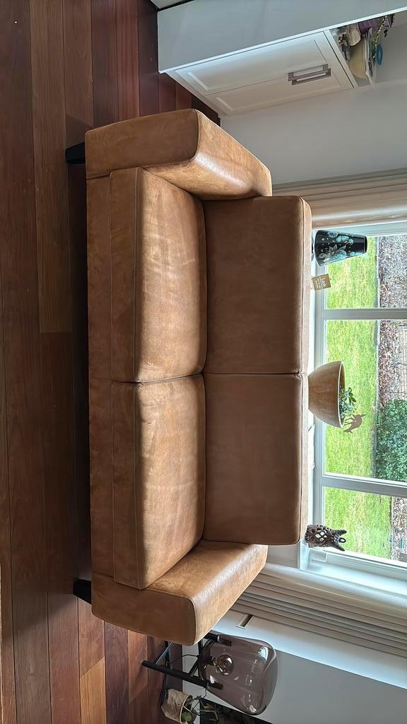 Leren bank Cognac zie tekst, Huis en Inrichting, Banken | Bankstellen, Gebruikt, Rechte bank, Overige maten, 200 tot 250 cm, 75 tot 100 cm