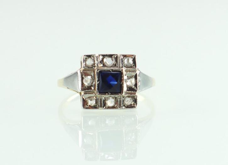 Art Deco gouden ring saffier roosdiamant, Sieraden, Tassen en Uiterlijk, Antieke sieraden, Ring, Goud, Met edelsteen, Ophalen of Verzenden