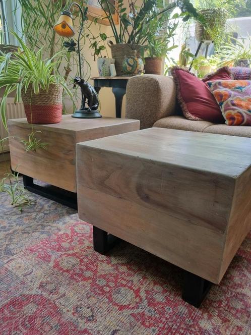Houten kubus als salontafel of bijzettafel, Huis en Inrichting, Tafels | Salontafels, Gebruikt, Minder dan 50 cm, Minder dan 50 cm